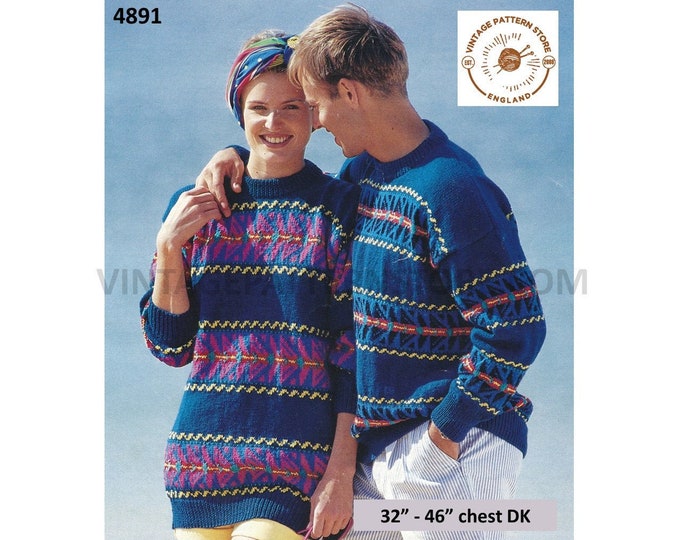 Mens Womens Ladies 90s DK round neck fair isle banded drop shoulder dolman sweater jumper pdf knitting pattern 32" to 46" Download 4891