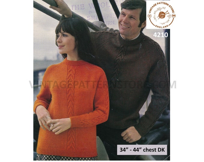 Ladies Womens Mens 60s vintage DK crew neck cabled cable panel raglan sweater jumper pdf knitting pattern 34" to 44" chest Download 4210