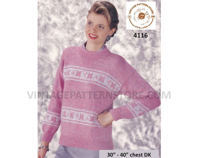 Ladies Womens 90s crew neck floral intarsia banded drop shoulder dolman DK sweater jumper pdf knitting pattern 30" to 40" download 4116