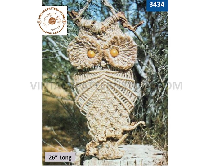 PDF Macrame pattern, 70s Macrame owl pattern, 70s Macrame owl wall hanging pattern, Vintage macrame pattern - 26" long PDF download 3434