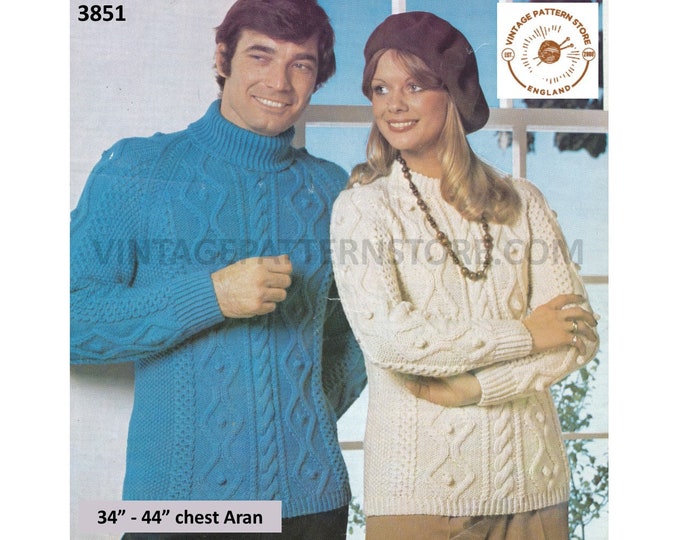 Womens Mens 70s vintage turtleneck polo or crew neck cable cabled raglan aran sweater jumper pdf knitting pattern 34" to 44" Download 3851