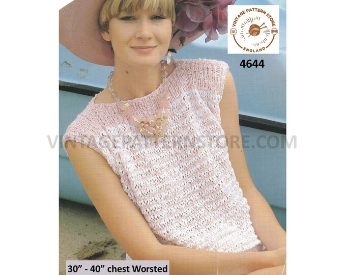Womens 90s quick & easy to knit string lace cap sleeve slash neck slipover summer sweater vest pdf knitting pattern 30" to 40" Download 4644