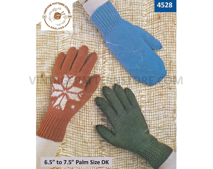 Ladies Womens 80s vintage easy to knit DK mittens and snowflake intarsia gloves pdf knitting pattern 6.5" to 7.5" palm size Download 4528