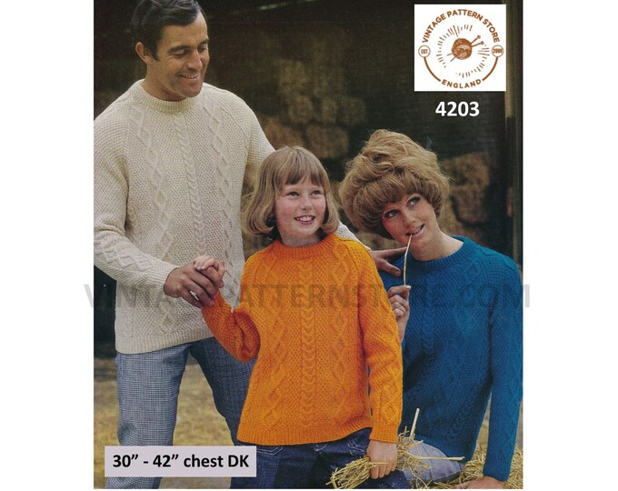 Ladies Womens Mens Boys Girls 60s family crew neck textured cabled raglan sweater jumper pdf knitting pattern 30" to 42" chest Download 4203