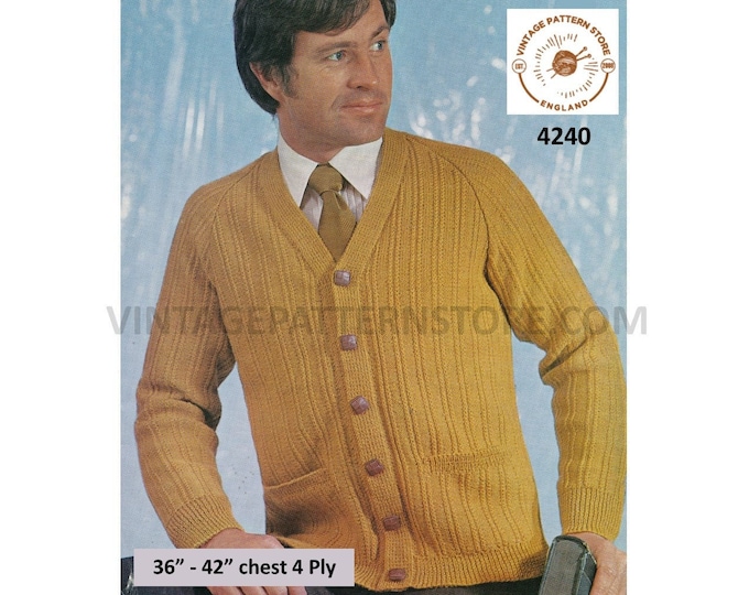 Mens Mans 70s vintage 4 ply V neck ridge cable cabled raglan cardigan jacket pdf knitting pattern 36" to 42" chest Instant PDF Download 4240