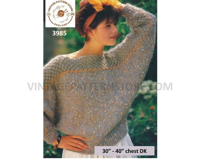 Ladies Womens 90s DK slash neck textured saddle shoulder drop shoulder batwing sweater jumper pdf knitting pattern 30" to 40" Download 3985