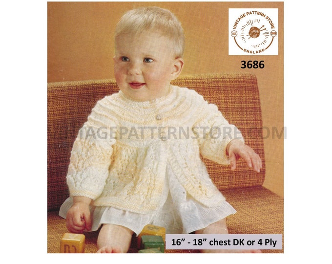 Baby Babies 80s vintage 4 ply or DK round neck contrast yoke lacy lace matinee jacket coat pdf knitting pattern 16" to 18" PDF Download 3686