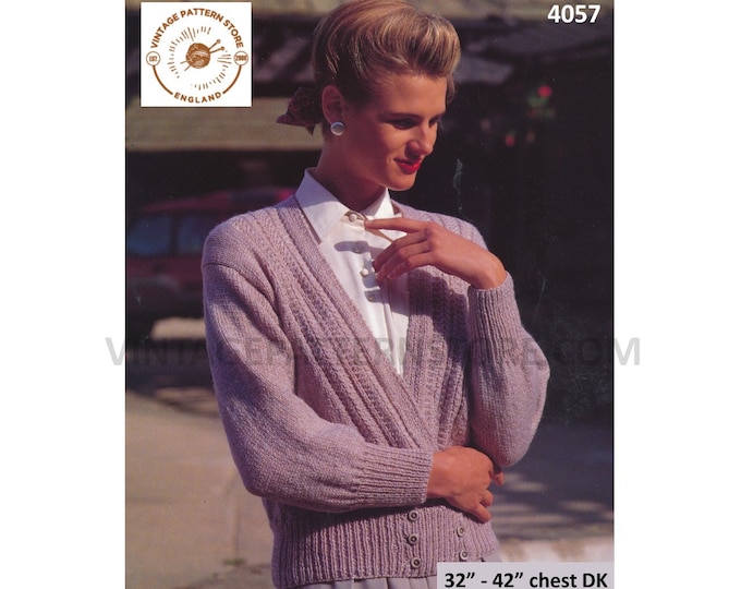 Ladies Womens 90s vintage V neck drop shoulder cable cabled DK raglan cardigan pdf knitting pattern 32" to 42" Chest Instant download 4057
