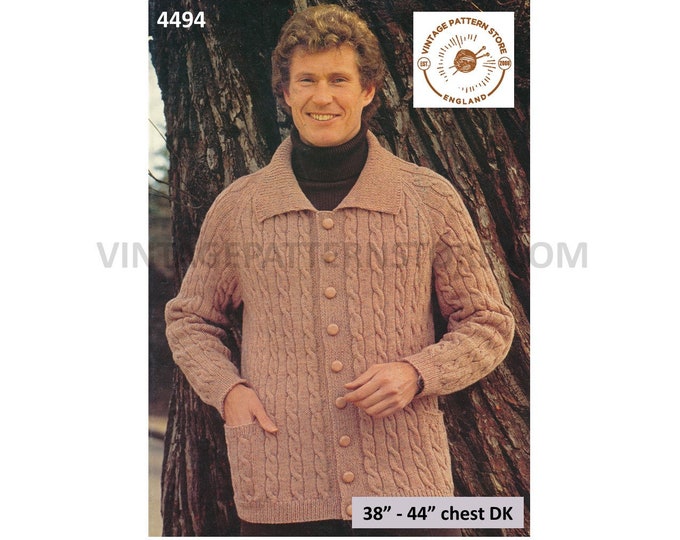 Mens Mans 70s vintage retro round neck collared twist cable cabled DK raglan cardigan jacket pdf knitting pattern 38" to 44" Download 4494