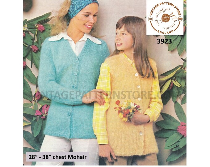 Ladies Womens Girls 70s simple and easy to knit V neck mohair raglan cardigan & waistcoat pdf knitting pattern 28" to 38" PDF download 3923