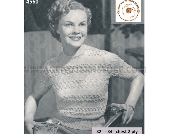 Womens 30s vintage 2 ply crew neck short raglan sleeve lacy string lace striped sweater jumper pdf knitting pattern 32" to 34" Download 4560