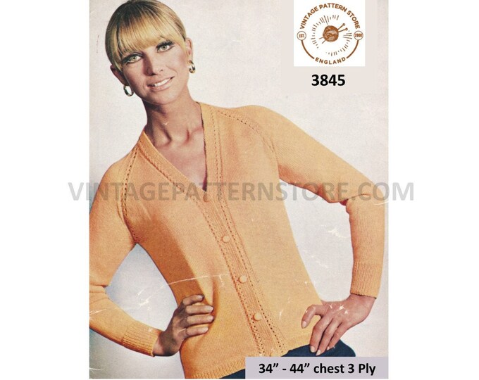 Ladies Womens 70s vintage 3 ply V neck cable edge cabled raglan cardigan pdf knitting pattern 34" to 44" Chest Instant PDF download 3845