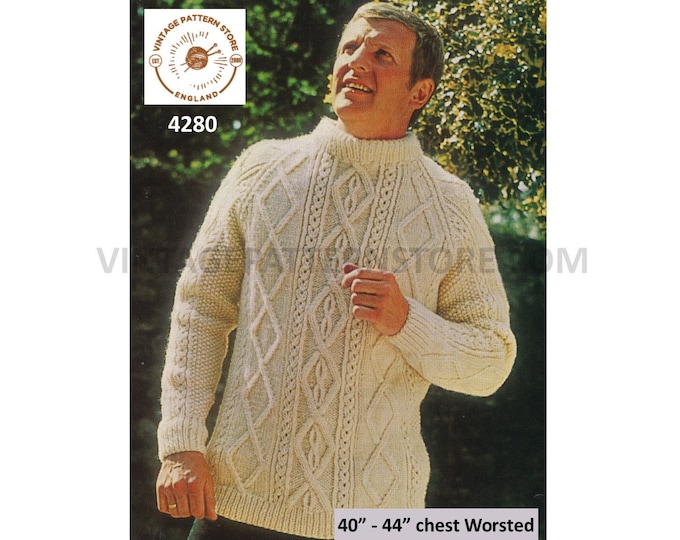 Mens Mans 70s vintage worsted crew neck cable cabled raglan sweater jumper pullover pdf knitting pattern 40" to 44" Instant Download 4280