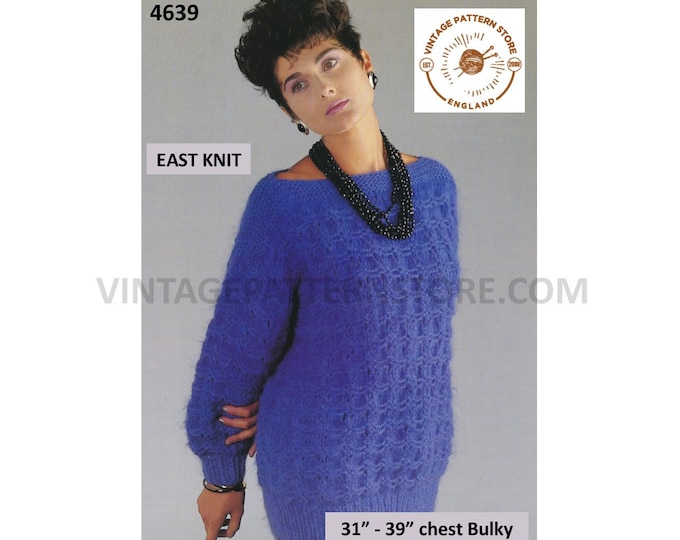 Womens 90s bulky fun easy to knit slash neck long line slouchy drop shoulder sweater jumper pdf knitting pattern 31" to 39" Download 4639