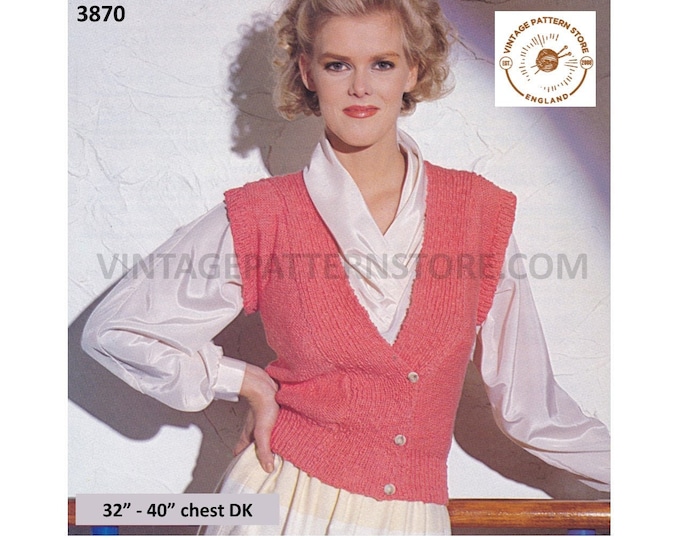 Ladies Womens 80s simple and easy to knit V neck cap sleeve DK crossover waistcoat pdf knitting pattern 32" to 40" chest PDF download 3870