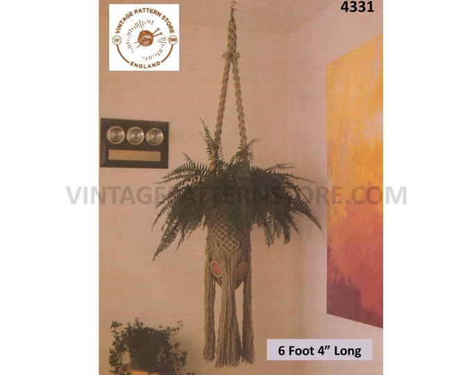 70s vintage macrame plant hanger pdf macrame pattern, 70s vintage rtero indoor garden gardening 6 foot 4" long Instant PDF Download 4331