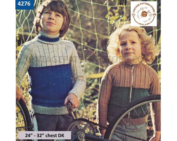 Girls Boys 70s vintage DK polo neck wide ribbed rib raglan sweater & zipped jacket coat pdf knitting pattern 24" to 32" chest Download 4276