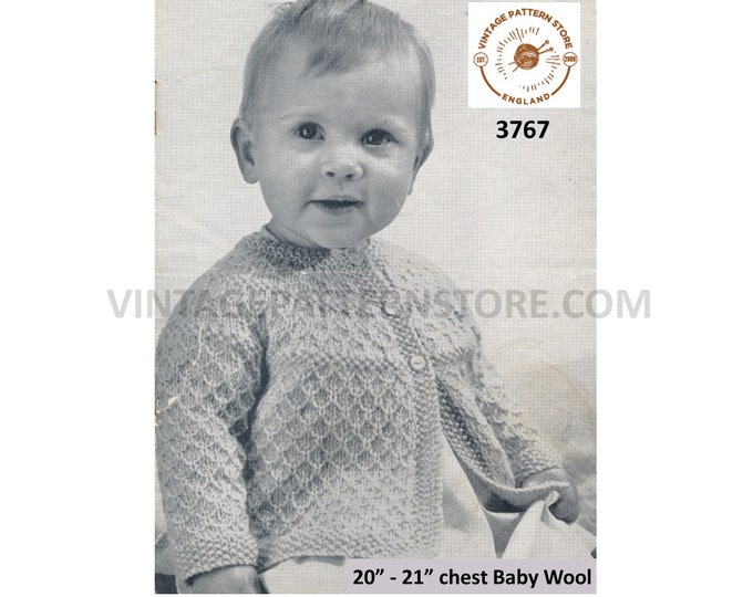 Baby Babies 50s vintage round neck textured raglan matinee coat jacket pdf knitting pattern 20" to 21" chest Instant PDF download 3767