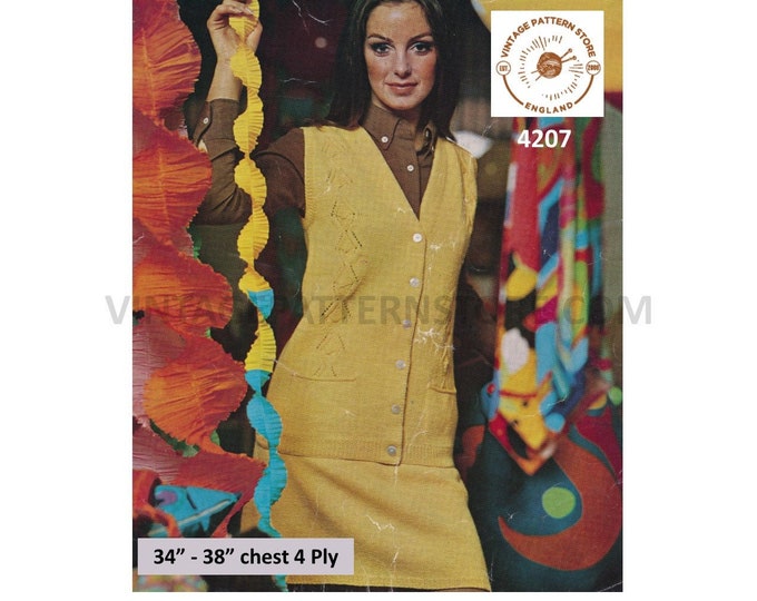 Womens 60s vintage 4 ply diamond lace lacy V neck sleeveless cardigan waistcoat & mini skirt pdf knitting pattern 34" to 38" Download 4207
