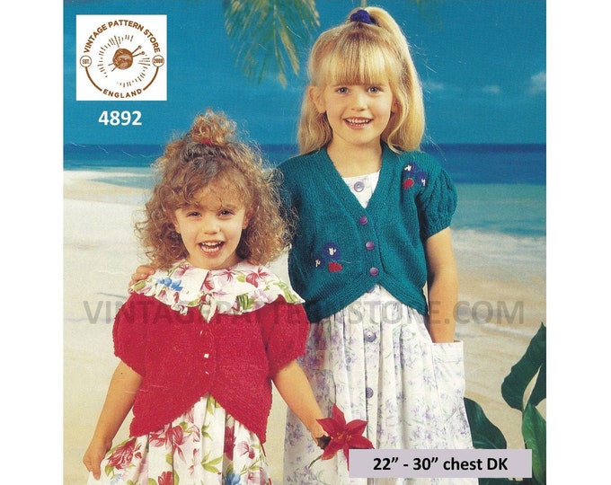Girls 90s DK V neck shaped hem short sleeve summer cardigan jacket pdf knitting pattern 22" to 30" Instant PDF Download 4892