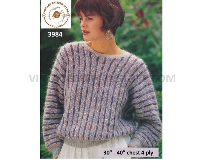 Ladies Womens 90s 4 ply round neck striped drop shoulder dolman sweater jumper pdf knitting pattern 30" to 40" Instant PDF download 3984