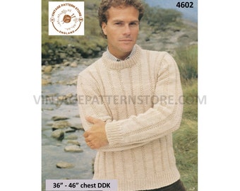 Mens Mans quick and easy to knit DDK crew neck texture striped textured raglan sweater jumper pdf knitting pattern 36" to 46" Download 4602
