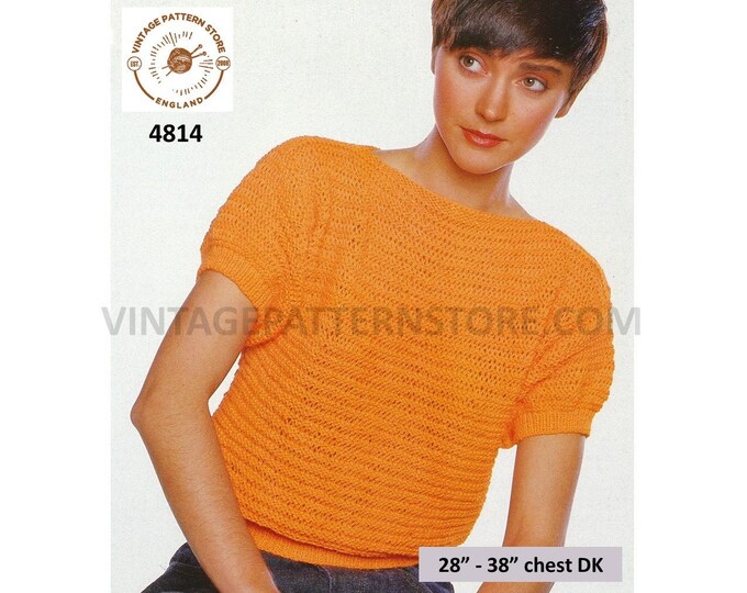Ladies Womens 90s DK easy to knit slash neck drop shoulder short sleeve Summer sweater jumper pdf knitting pattern 28" to 38" Download 4814