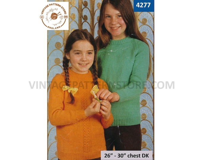 Girls 70s vintage DK crew neck cabled cable panel and easy to knit raglan sweater jumper pdf knitting pattern 26" to 30" Download 4277