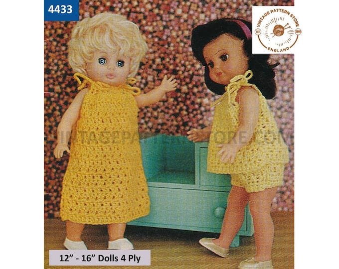 80s vintage 12" 14" 16" 4 ply dolls clothes with nightgown nightdress nightie and pyjamas pdf crochet pattern Instant PDF Download 4433