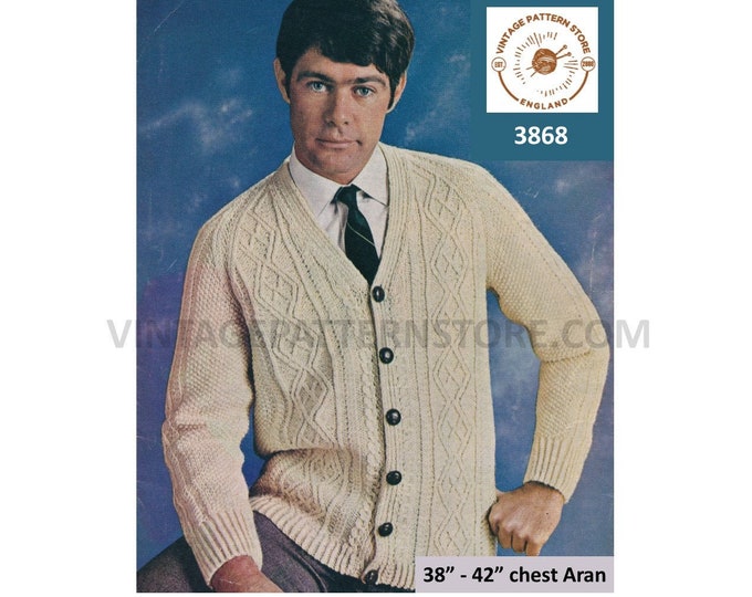 Mens Mans 70s vintage V neck cable panel cabled raglan aran cardigan pdf knitting pattern 38" to 42" chest Instant PDF download 3868