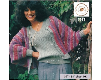 Ladies Womens 80s vertical striped DK batwing cardigan jacket & cap sleeve ribbed sweater vest pdf knitting pattern 32" to 38" Download 3583