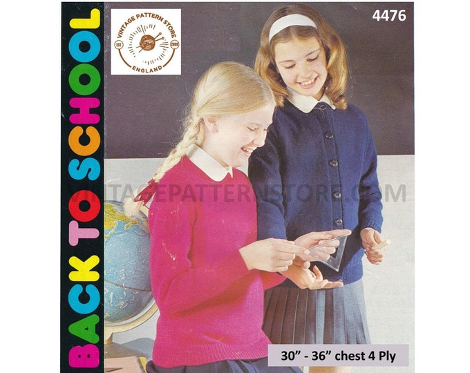 Girls 70s vintage plain quick simple and easy to knit round neck 4 ply raglan cardigan sweater pdf knitting pattern 30" to 36" Download 4476