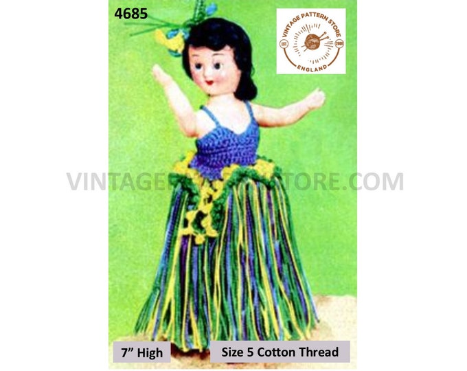 50s vintage retro 7" dolls clothes pacific island dancer grass skirt strappy top & fascinator pdf crochet pattern Instant PDF Download 4685