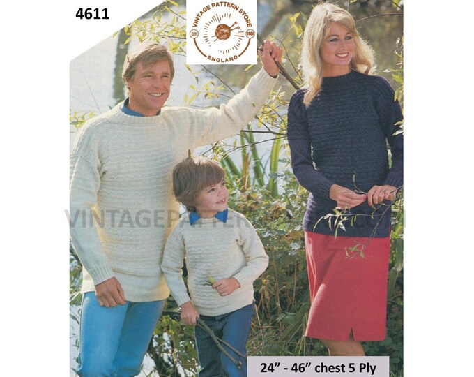 Womens Mens Boys Girls Family 5 ply crew neck cable cabled drop shoulder raglan sweater jumper pdf knitting pattern 24" to 46" Download 4611