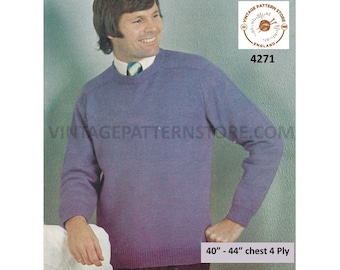 Mens Mans 70s vintage 4 ply plain and simple easy to knit round neck raglan sweater jumper pdf knitting pattern 40" to 44" PDF Download 4271