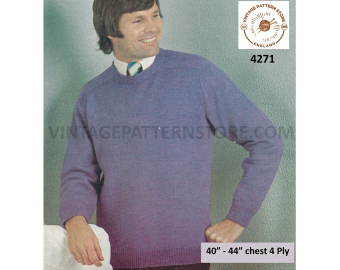 Mens Mans 70s vintage 4 ply plain and simple easy to knit round neck raglan sweater jumper pdf knitting pattern 40" to 44" PDF Download 4271