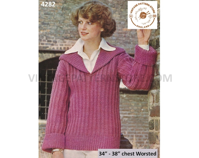 Ladies Womens 70s vintage worsted V neck collared ribbed cable ridge raglan sweater jumper pdf knitting pattern 34" to 38" Download 4282
