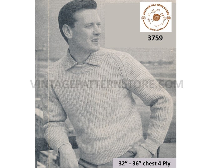 Mens Mans 50s vintage easy to knit round neck raglan sweater jumper pullover pdf knitting pattern 38" to 42" chest Instant PDF download 3759