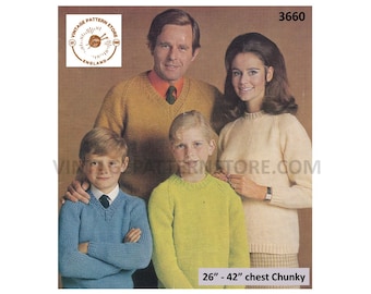 Ladies Mens Boys Girls 60s Family easy to knit V round neck chunky knit raglan sweater jumper pdf knitting pattern 26" to 42" Download 3660