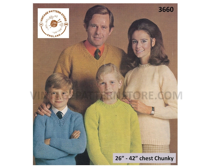 Ladies Mens Boys Girls 60s Family easy to knit V round neck chunky knit raglan sweater jumper pdf knitting pattern 26" to 42" Download 3660