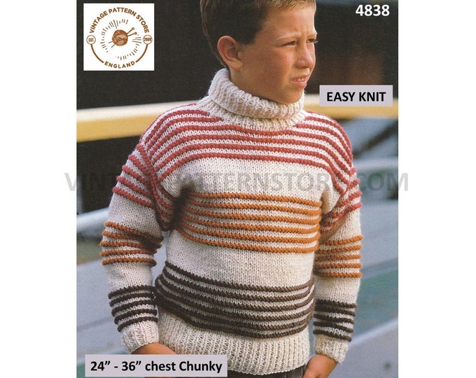 Boys 90s chunky easy to knit ridge cable striped polo neck drop shoulder dolman sweater jumper pdf knitting pattern 24" to 36" Download 4838