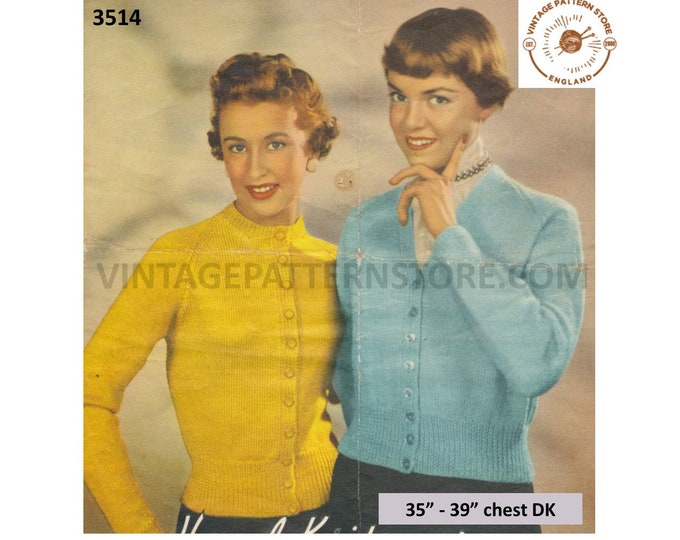 Ladies Womens 50s vintage plain and simple easy to knit DK round or V neck raglan cardigan pdf knitting pattern 35" to 39" PDF download 3514