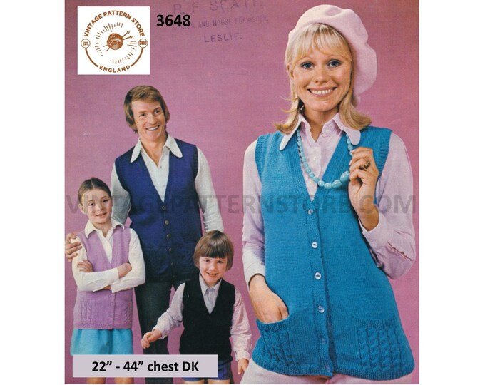 Ladies Womens Mens Boys Girls 70s Family V neck cable pocket DK waistcoat sleeveless cardigan pdf knitting pattern 22" to 44" Download 3648