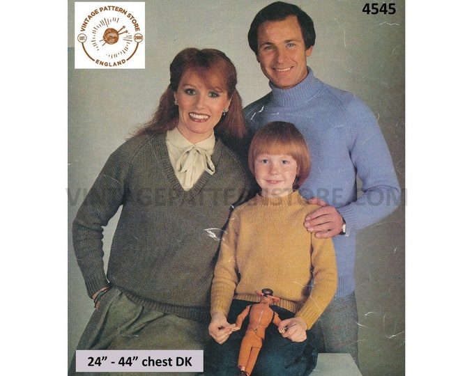 Womens Mens Girls Boys 80s Family DK plain and simple easy to knit raglan sweater jumper pdf knitting pattern 24" to 44" Download 4545