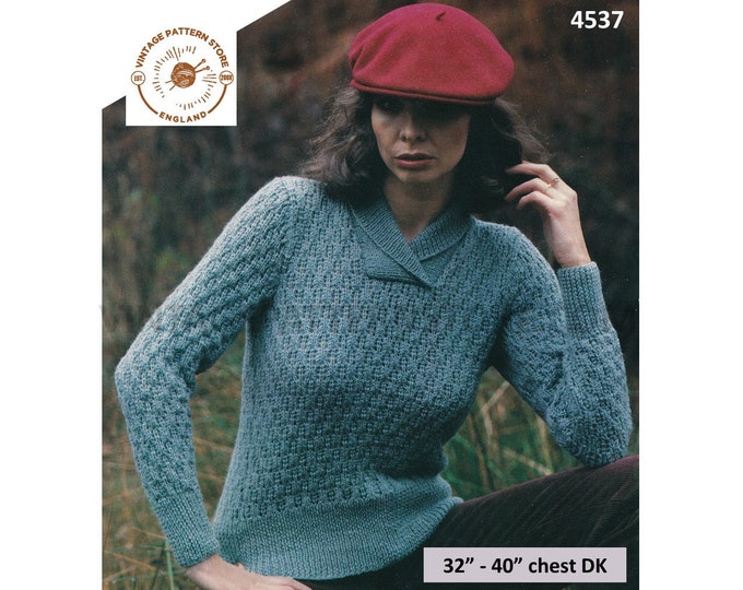 Ladies Womens 80s vintage DK crossover collar collared lacy eyelet lace raglan sweater jumper pdf knitting pattern 32" to 40" Download 4537