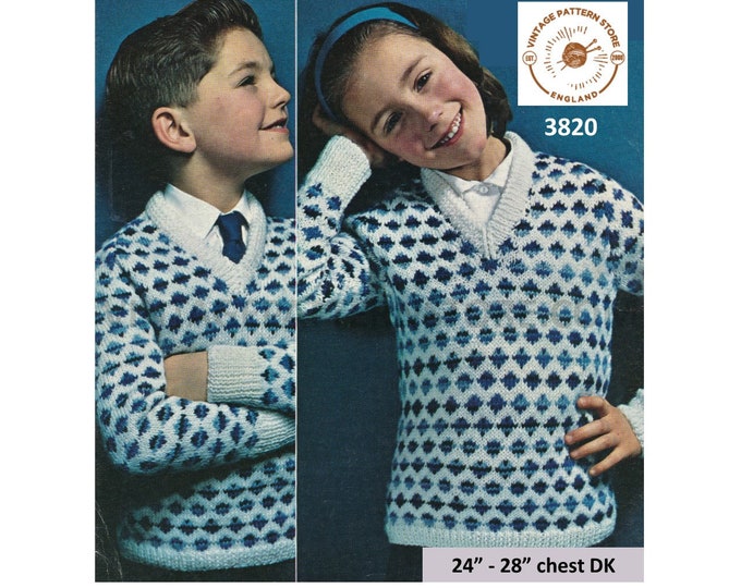 Girls Boys 70s vintage easy to knit V neck instant fair isle DK raglan sweater jumper pdf knitting pattern 24" to 28" PDF download 3820