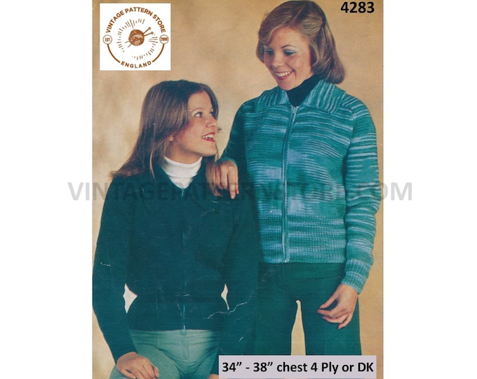 Ladies Womens 70s vintage DK or 4 ply easy to knit V neck collared zipped zip up raglan jacket pdf knitting pattern 34" to 38" Download 4283