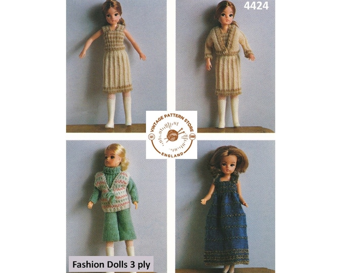 80s vintage 3 ply Barbie 12" fashion doll clothes jacket slipover skirt dress fair isle top pdf knitting pattern Instant PDF Download 4424