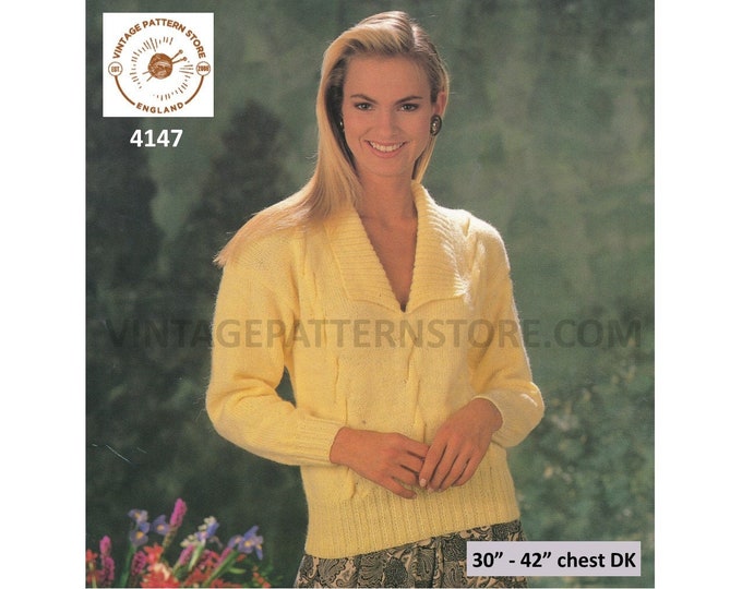 Ladies Womens 90s V neck collared cable cabled drop shoulder DK dolman sweater jumper pdf knitting pattern 30" to 42" chest Download 4147