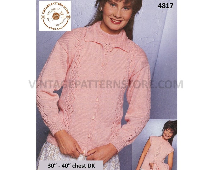 Ladies Womens 90s DK eyelet lace panel slipover cap sleeve sweater & cardigan twin set pdf knitting pattern 30" to 40" PDF Download 4817